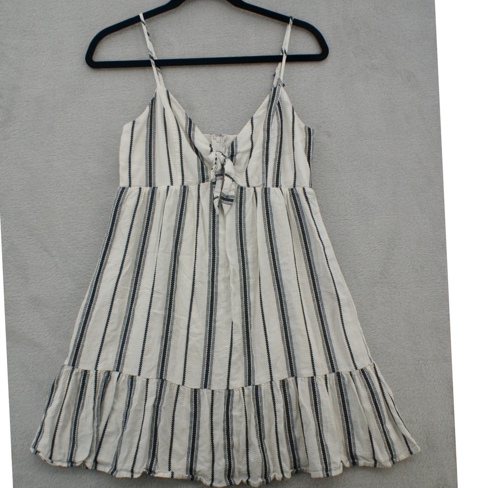 Blue Rain Striped Tie Front Mini Dress Womens Small Cream Black Linen Blend Boho